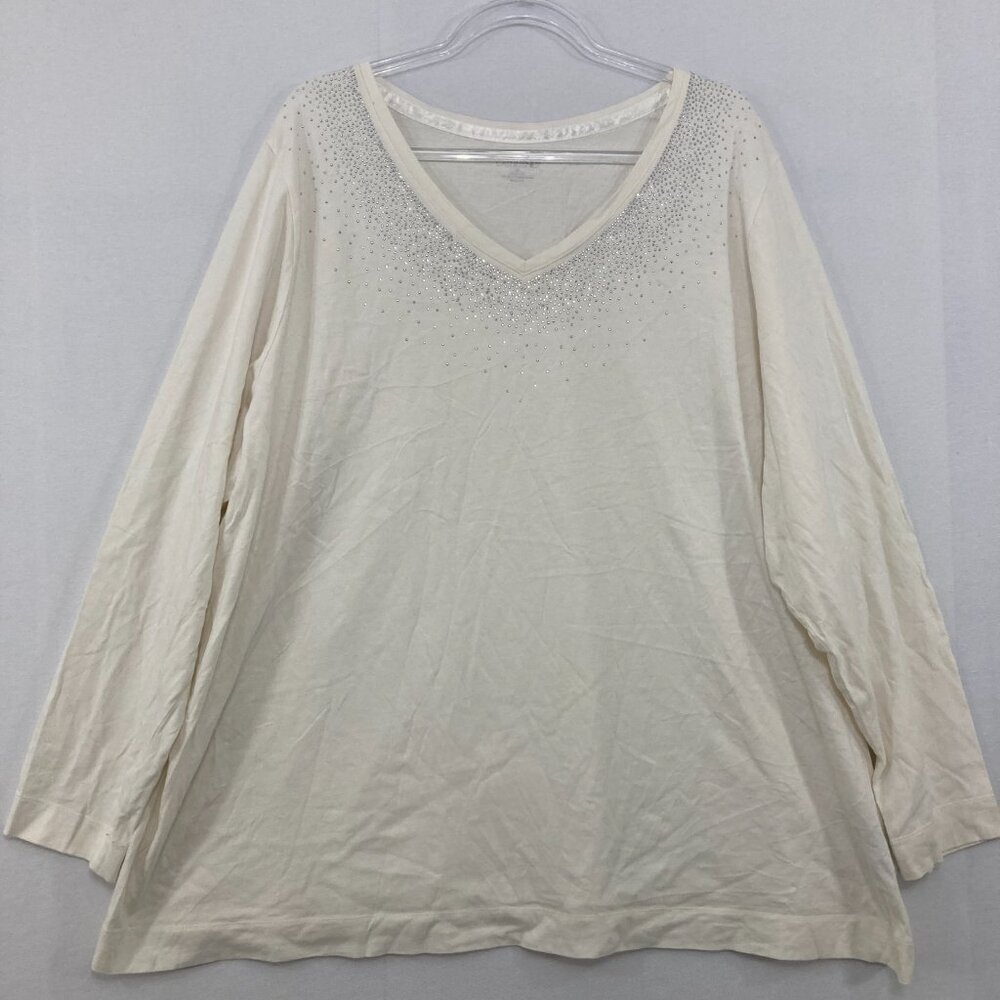 Catherines size 3X White Cream Embellished V‎ Neck Stretch Knit Top